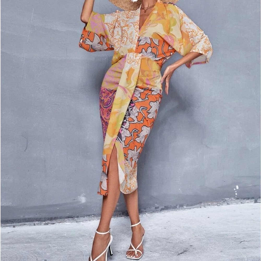 floral & paisley print batwing sleeve dress